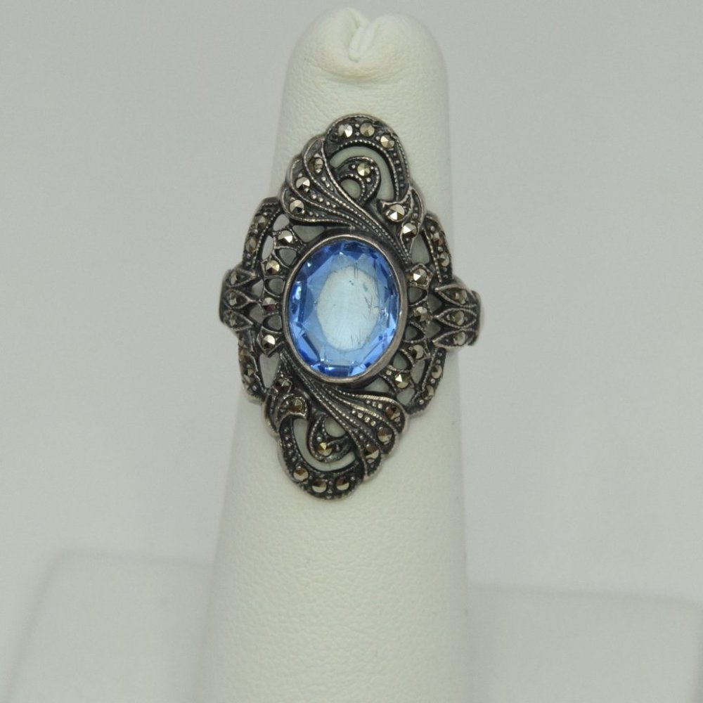 Uncas Sterling Silver, Marcasite, and Blue Spinel Look Art Nouveau